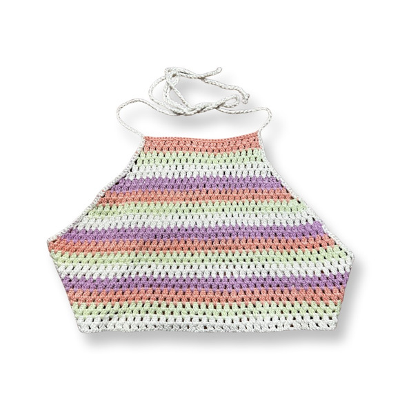 BP. Womens Crop Top Multicolor Stripe Halter Neck Crochet Backless Tie S New - Picture 2 of 10